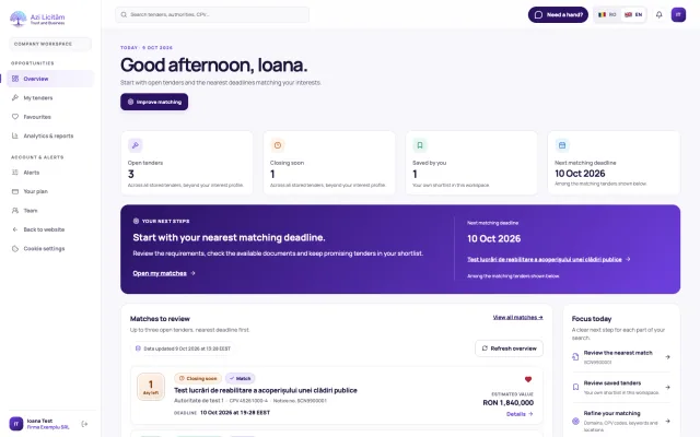 Azi Licităm customer workspace with synthetic demonstration data