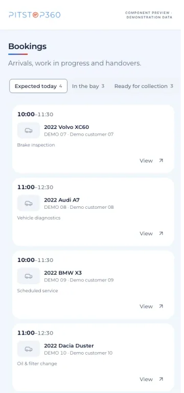 Pitstop360 mobile garage queue with demonstration data