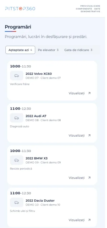 Lista mobilă de lucrări Pitstop360, cu date demonstrative