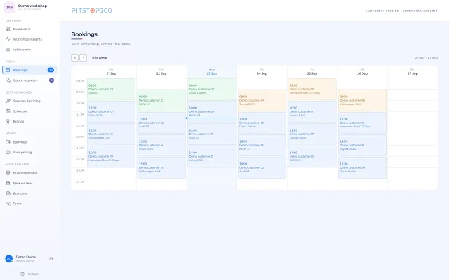 Pitstop360 actual booking calendar with demonstration data