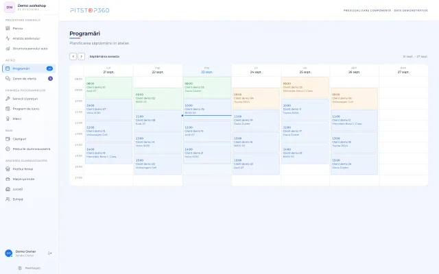 Calendarul real de programări Pitstop360, cu date demonstrative
