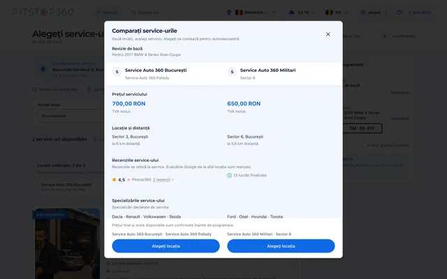 Previzualizare Pitstop360: compararea service-urilor