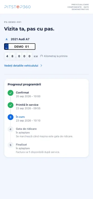 Experiența mobilă a șoferului în Pitstop360, o previzualizare a produsului cu date demonstrative