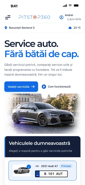 Previzualizare Pitstop360: ecranul principal al șoferului
